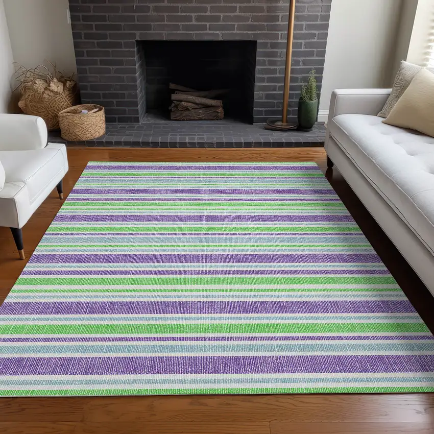 3' X 4' Lime Green Striped Washable Non Skid Indoor Outdoor Area Rug Photo 6