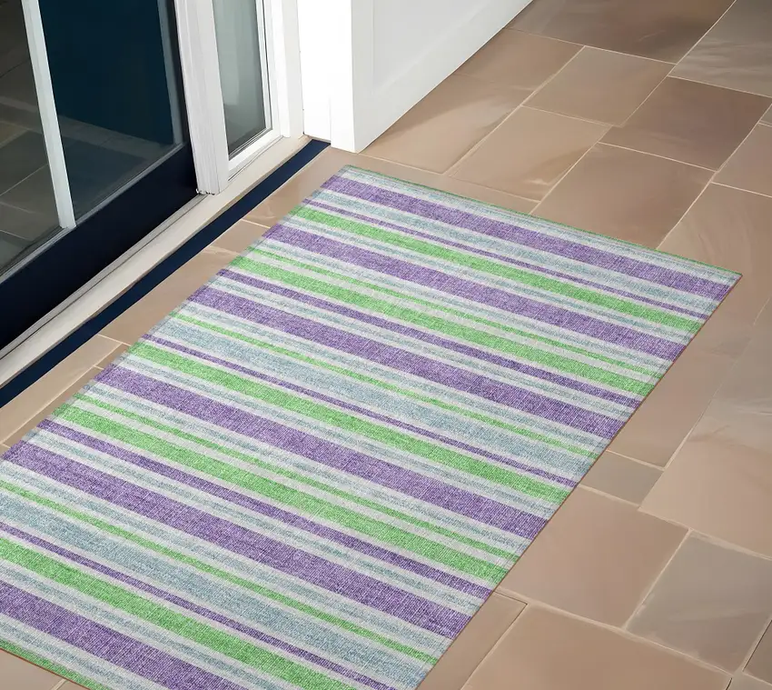 3' X 4' Lime Green Striped Washable Non Skid Indoor Outdoor Area Rug Photo 1
