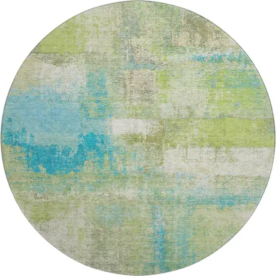 8' X 8' Lime Green Teal And Ivory Abstract Washable Round Rug With UV Protection Photo 1