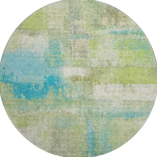 8' X 8' Lime Green Teal And Ivory Abstract Washable Round Rug With UV Protection Photo 3