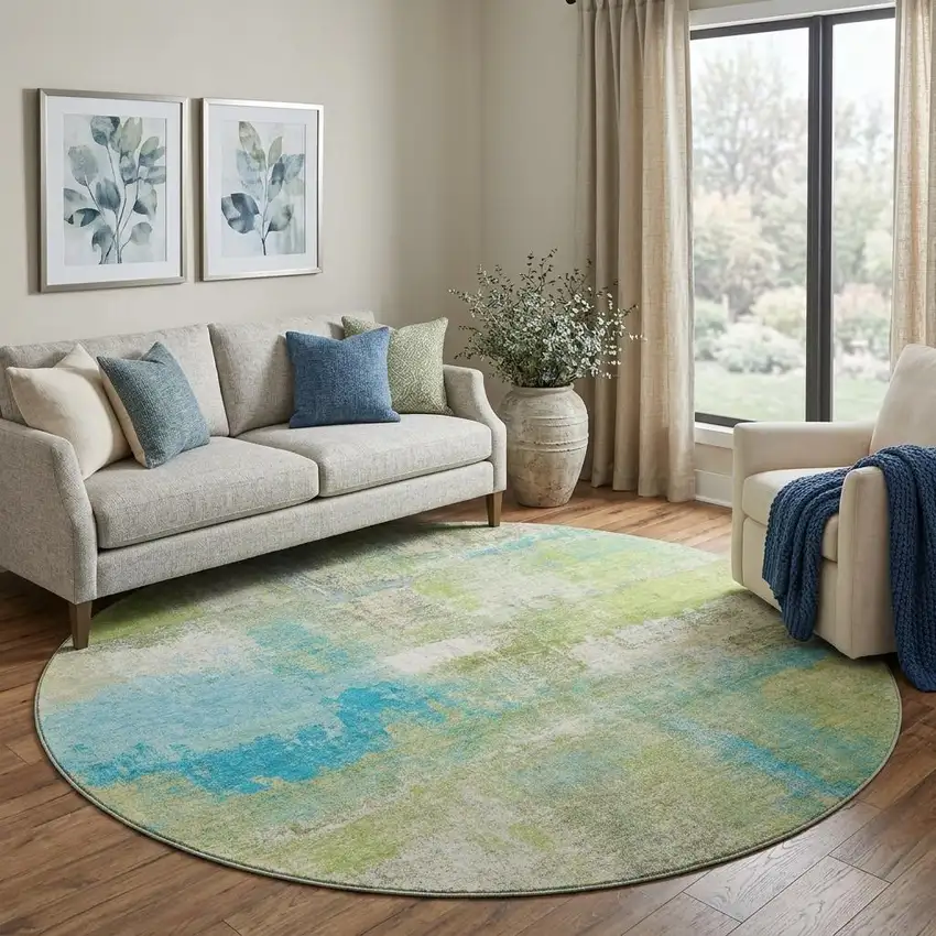 8' X 8' Lime Green Teal And Ivory Abstract Washable Round Rug With UV Protection Photo 1