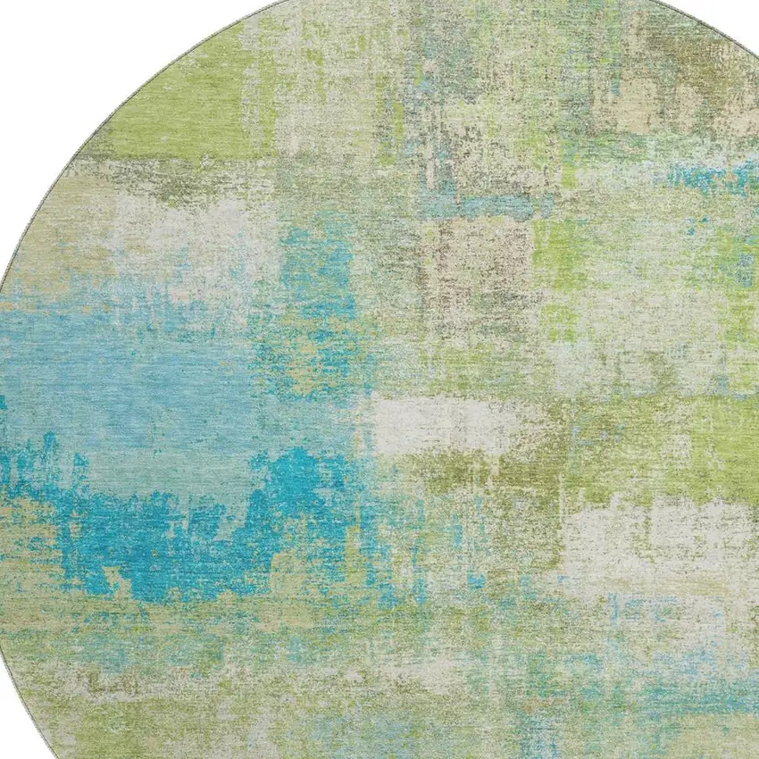 8' X 8' Lime Green Teal And Ivory Abstract Washable Round Rug With UV Protection Photo 2