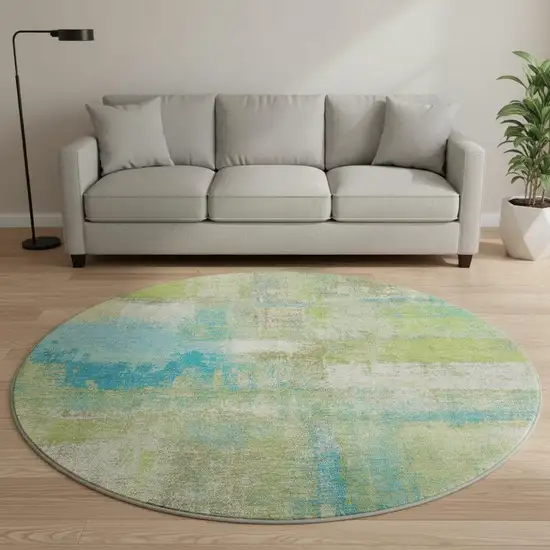 8' X 8' Lime Green Teal And Ivory Abstract Washable Round Rug With UV Protection Photo 2