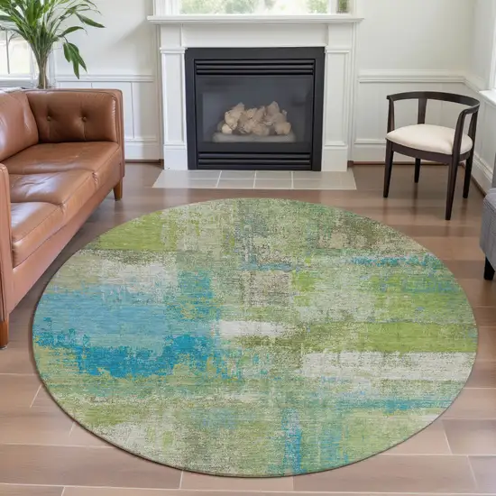 8' X 8' Lime Green Teal And Ivory Abstract Washable Round Rug With UV Protection Photo 4