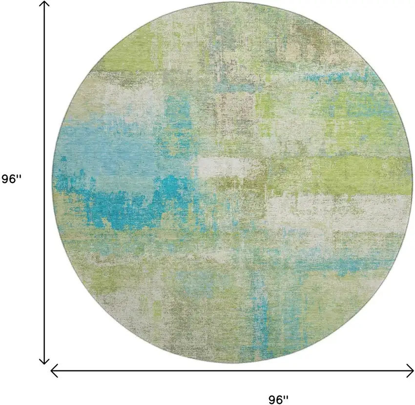 8' X 8' Lime Green Teal And Ivory Abstract Washable Round Rug With UV Protection Photo 9