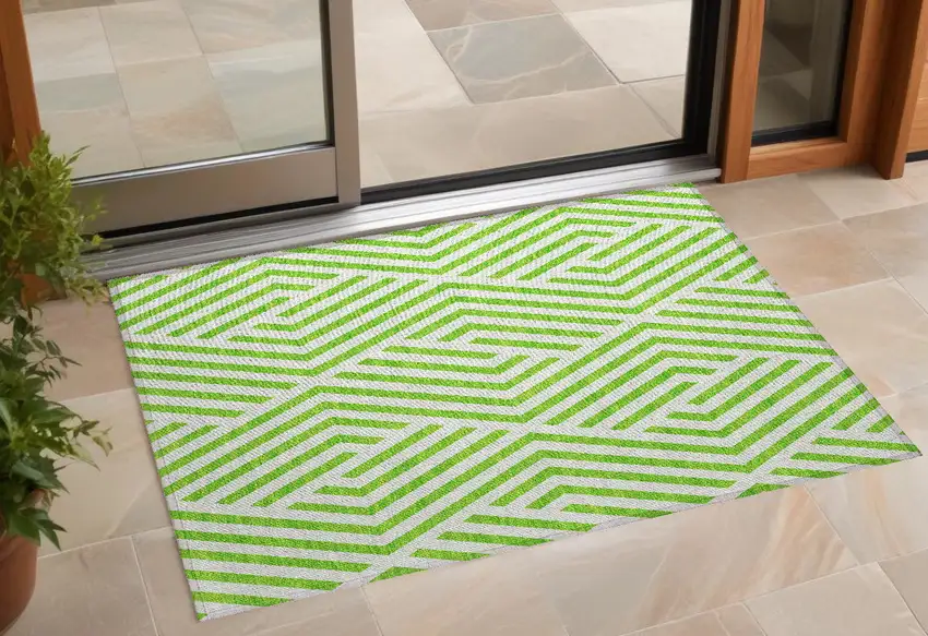 Lime Green and White Geometric Washable Non Skid Indoor Outdoor Area Rug Photo 1