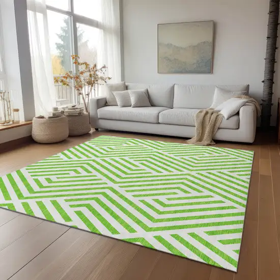 Lime Green and White Geometric Washable Non Skid Indoor Outdoor Area Rug Photo 9