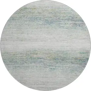 Photo of 8' X 8' Linen And Ivory Striped Washable Round Rug With UV Protection