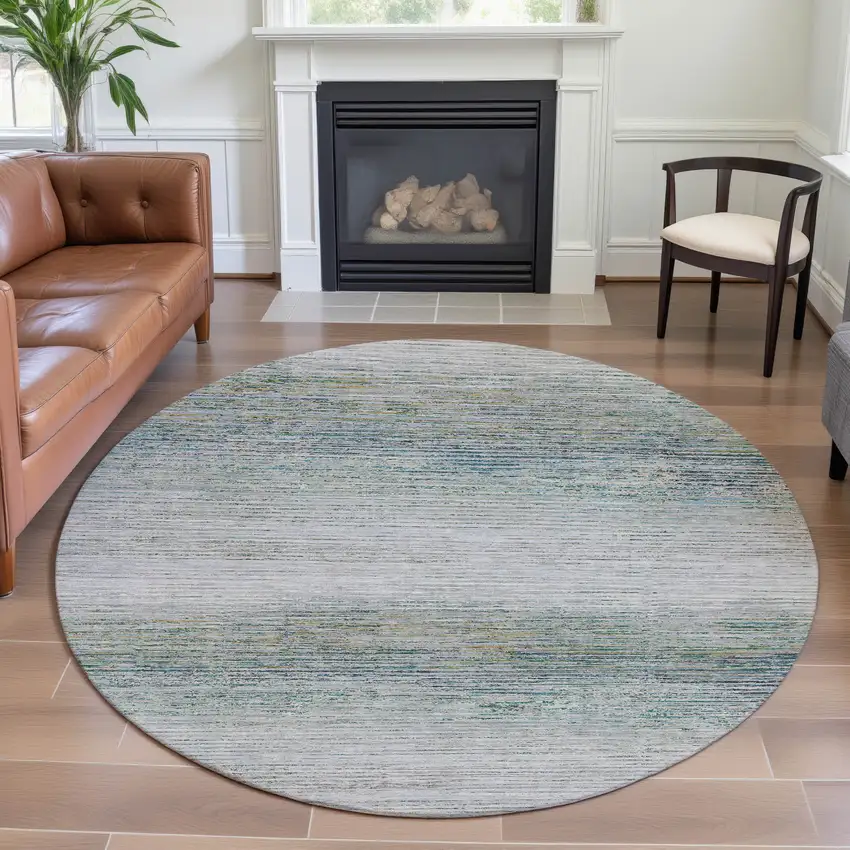 8' X 8' Linen And Ivory Striped Washable Round Rug With UV Protection Photo 4