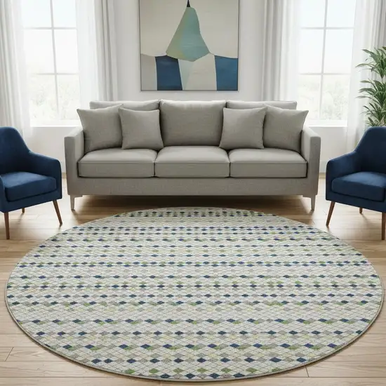8' X 8' Linen Green And Blue Striped Washable Round Rug With UV Protection Photo 2