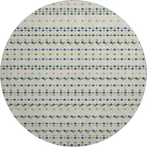 Photo of 8' X 8' Linen Green And Blue Striped Washable Round Rug With UV Protection