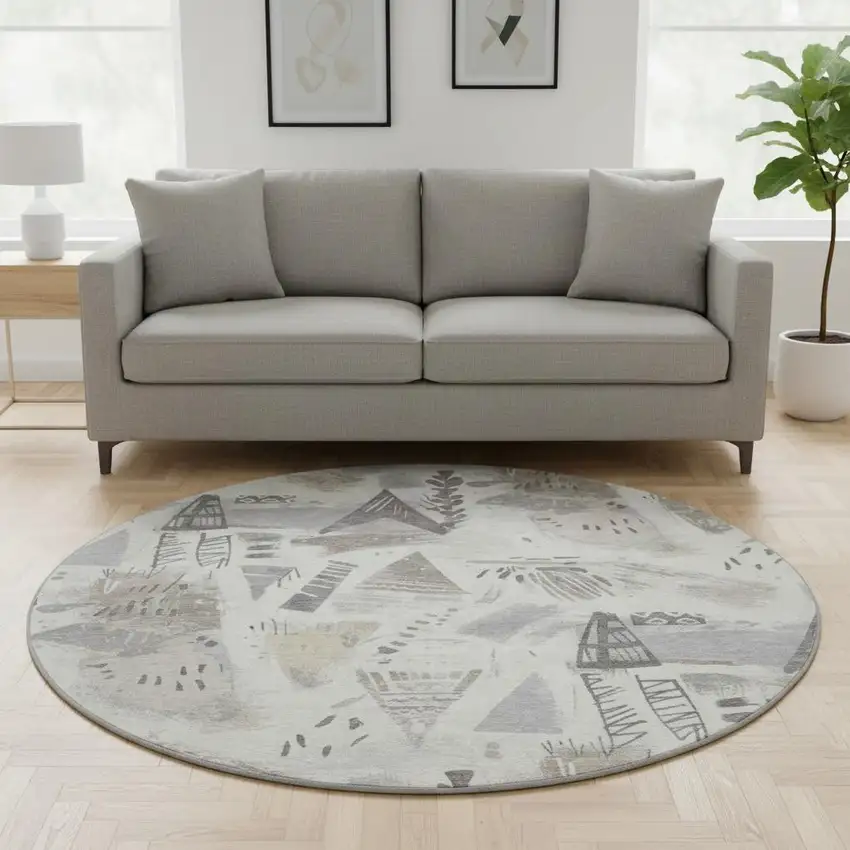 8' X 8' Linen Ivory And Gray Geometric Washable Round Rug With UV Protection Photo 2