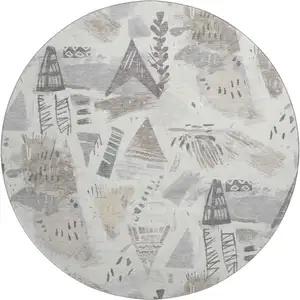 Photo of 8' X 8' Linen Ivory And Gray Geometric Washable Round Rug With UV Protection