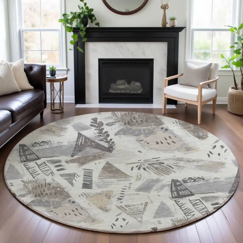 8' X 8' Linen Ivory And Gray Geometric Washable Round Rug With UV Protection Photo 4