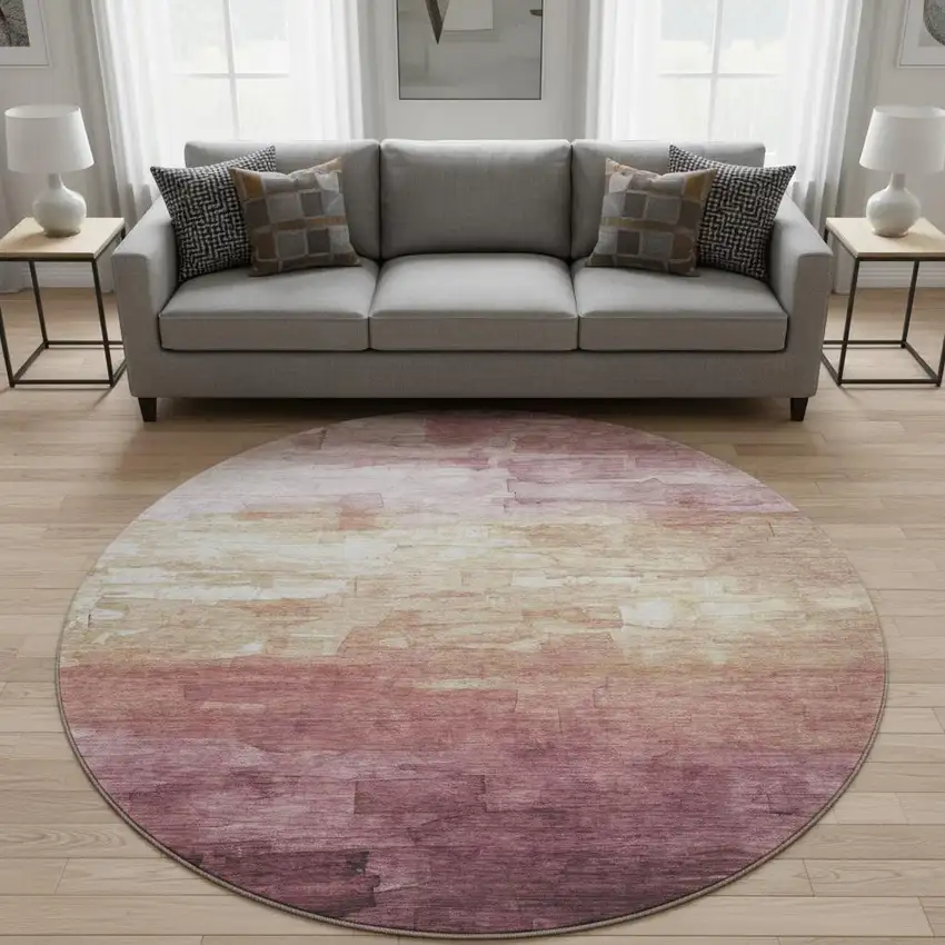 8' X 8' Mauve Beige And Pink Striped Washable Round Rug With UV Protection Photo 2