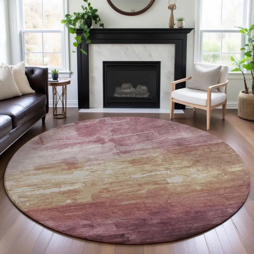 8' X 8' Mauve Beige And Pink Striped Washable Round Rug With UV Protection Photo 4