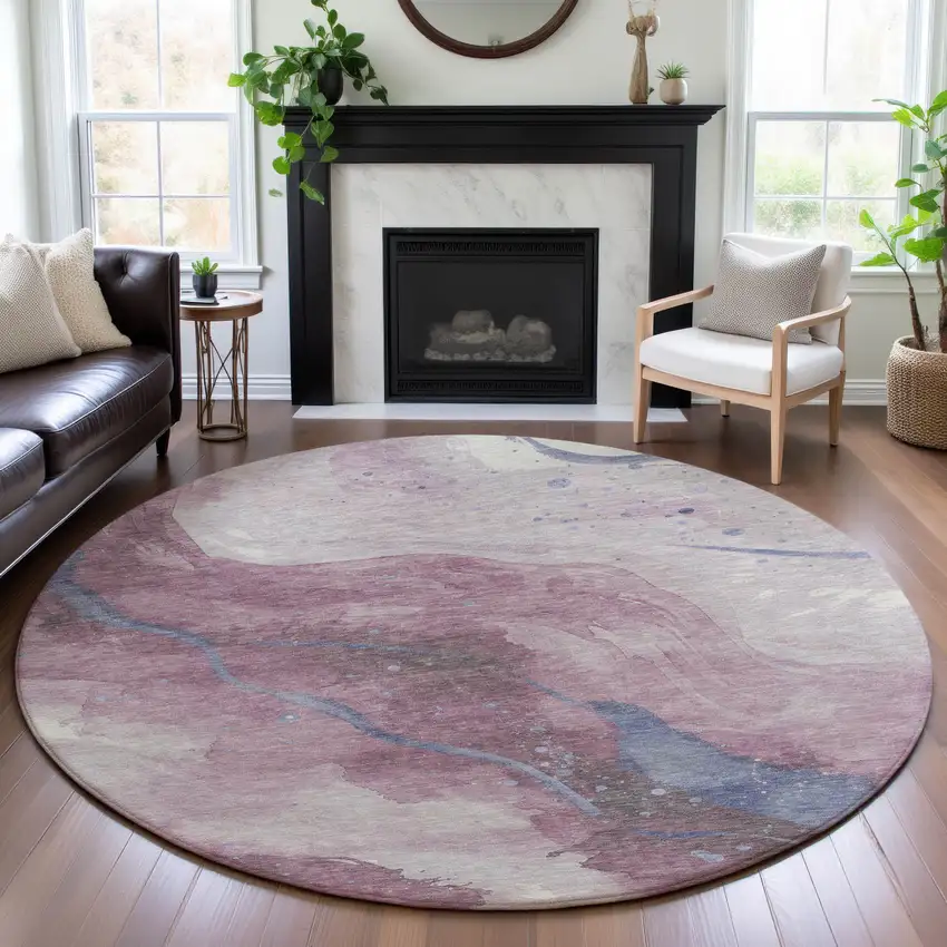 8' X 8' Mauve Blue And Ivory Abstract Washable Round Rug With UV Protection Photo 4