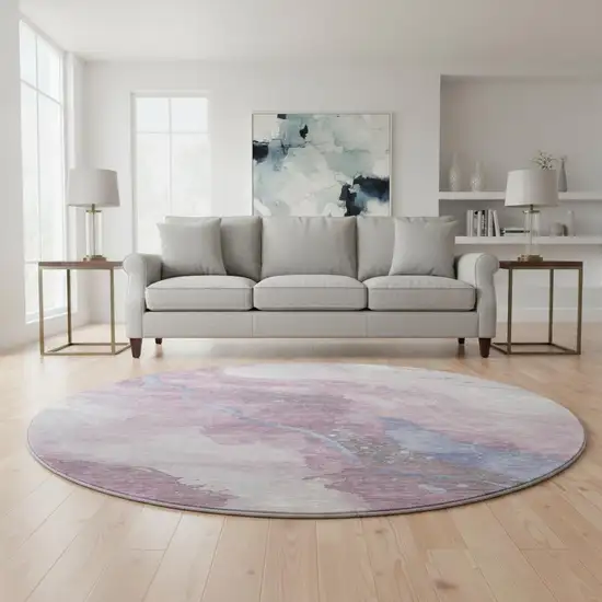 8' X 8' Mauve Blue And Ivory Abstract Washable Round Rug With UV Protection Photo 2