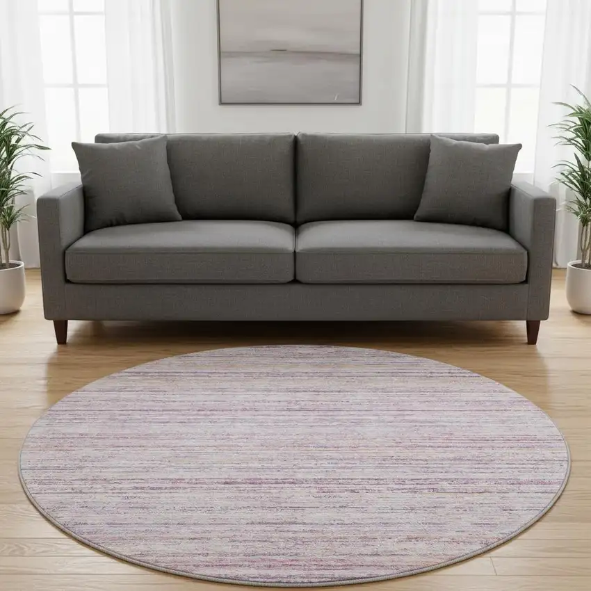 8' X 8' Mauve Lavender And Ivory Striped Washable Round Rug With UV Protection Photo 2