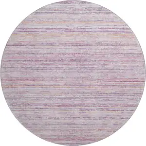 Photo of 8' X 8' Mauve Lavender And Ivory Striped Washable Round Rug With UV Protection