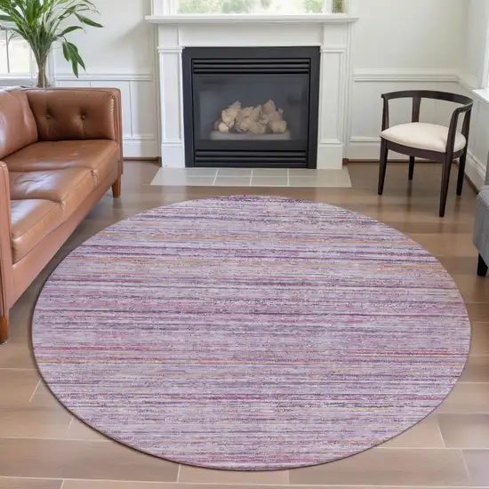 8' X 8' Mauve Lavender And Ivory Striped Washable Round Rug With UV Protection Photo 5