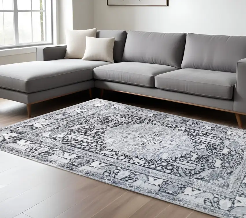 Charcoal And Gray Medallion Area Rug Photo 1