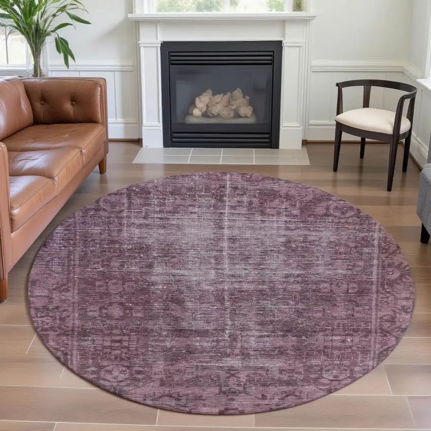 8' X 8' Merlot And Silver Oriental Washable Round Rug With UV Protection Photo 3