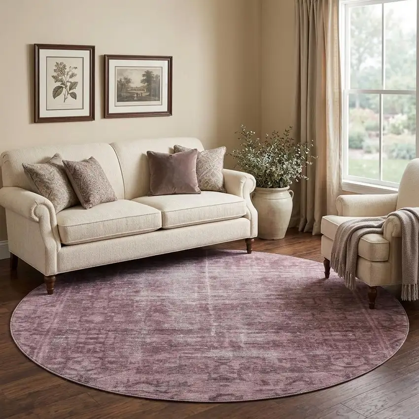 8' X 8' Merlot And Silver Oriental Washable Round Rug With UV Protection Photo 1