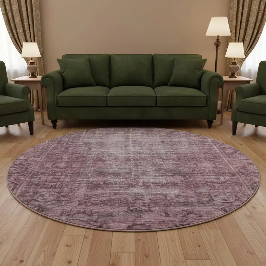 8' X 8' Merlot And Silver Oriental Washable Round Rug With UV Protection Photo 2