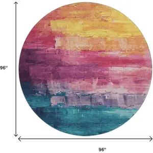 Photo of 8' X 8' Merlot Gold Blue And Purple Abstract Washable Round Rug With UV Protection