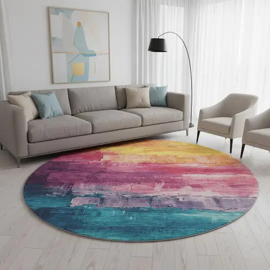 8' X 8' Merlot Gold Blue And Purple Abstract Washable Round Rug With UV Protection Photo 2