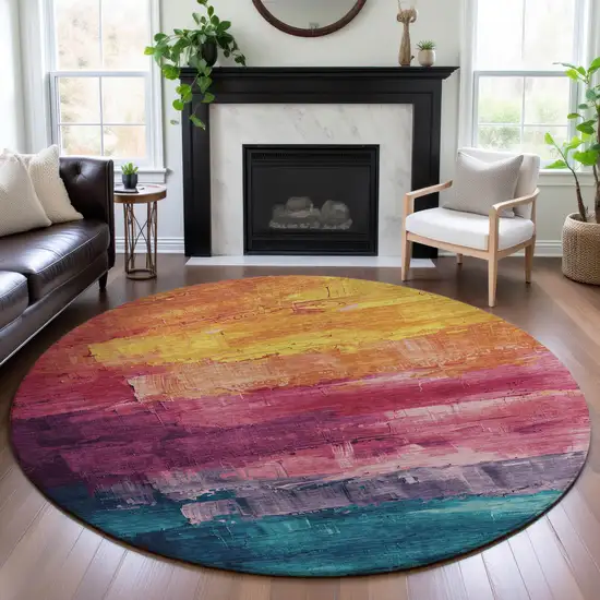 8' X 8' Merlot Gold Blue And Purple Abstract Washable Round Rug With UV Protection Photo 4