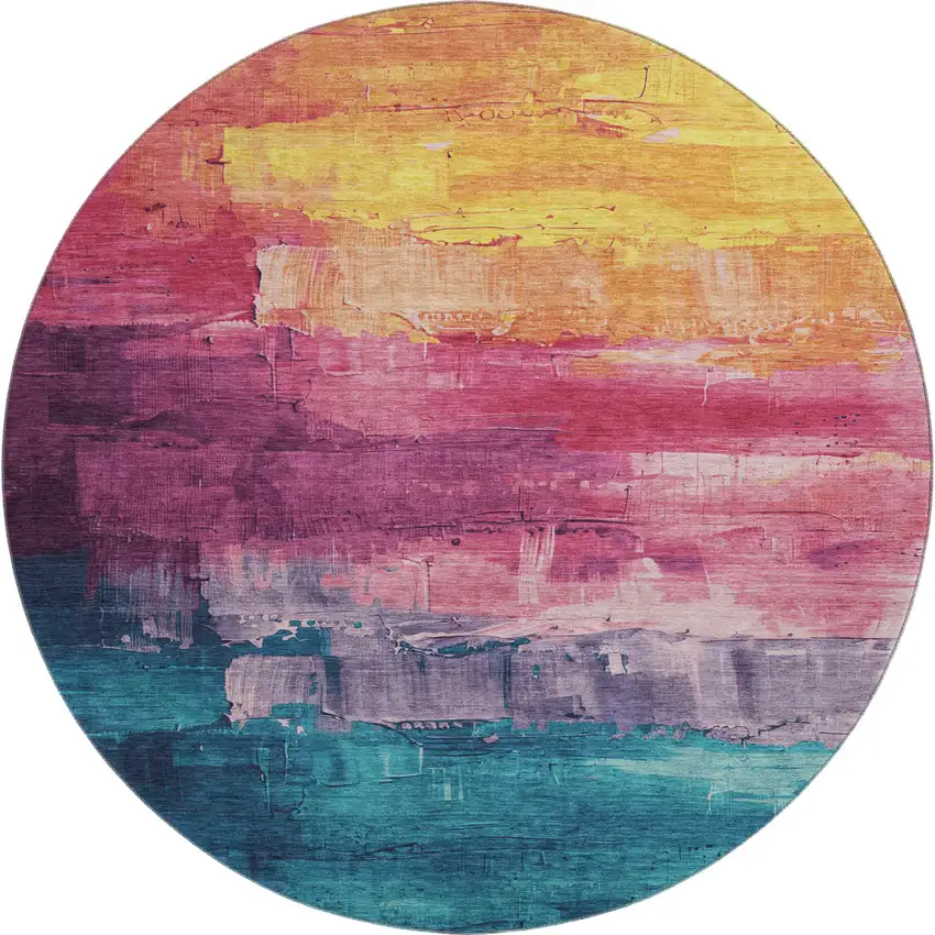 8' X 8' Merlot Gold Blue And Purple Abstract Washable Round Rug With UV Protection Photo 1