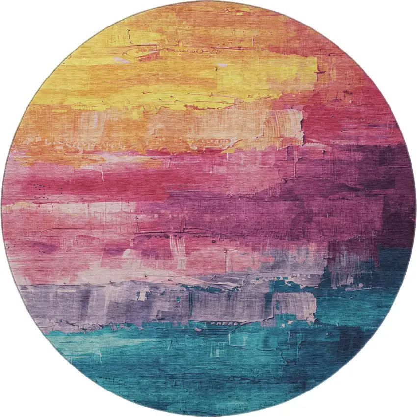 8' X 8' Merlot Gold Blue And Purple Abstract Washable Round Rug With UV Protection Photo 3