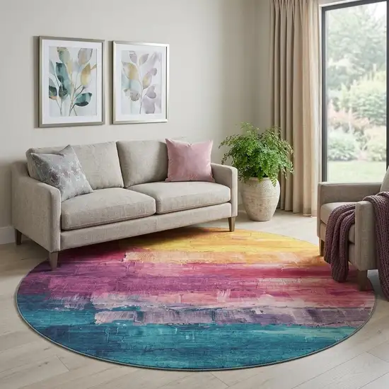 8' X 8' Merlot Gold Blue And Purple Abstract Washable Round Rug With UV Protection Photo 1