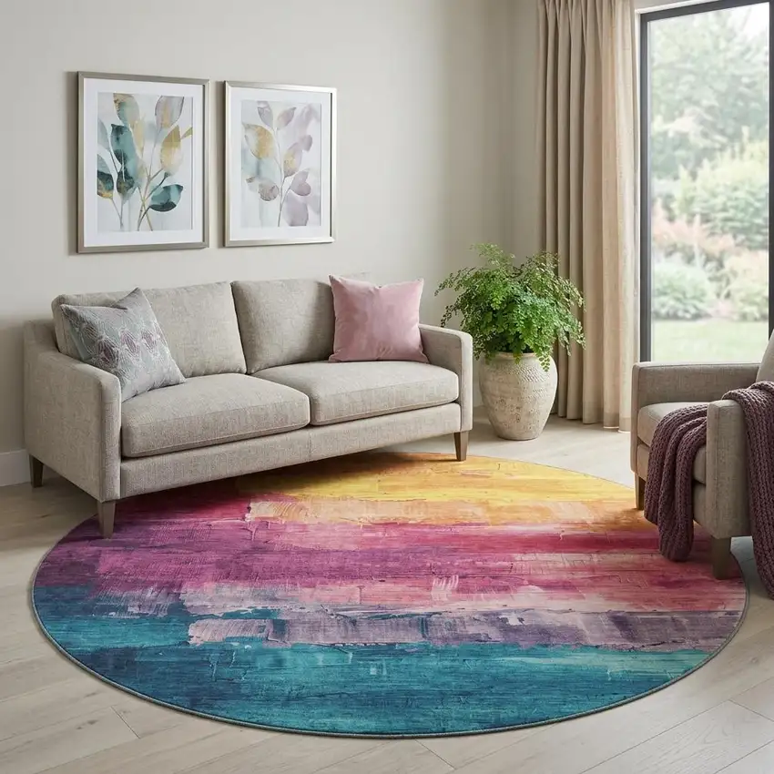 8' X 8' Merlot Gold Blue And Purple Abstract Washable Round Rug With UV Protection Photo 1