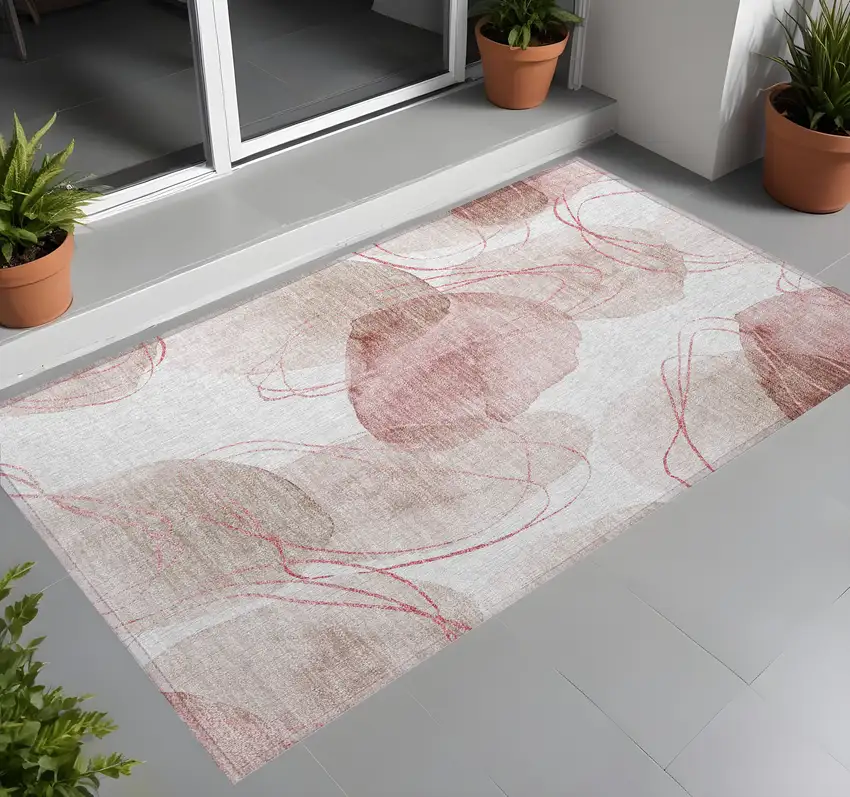 Merlot and Ivory Abstract Washable Non Skid Indoor Outdoor Area Rug Photo 1