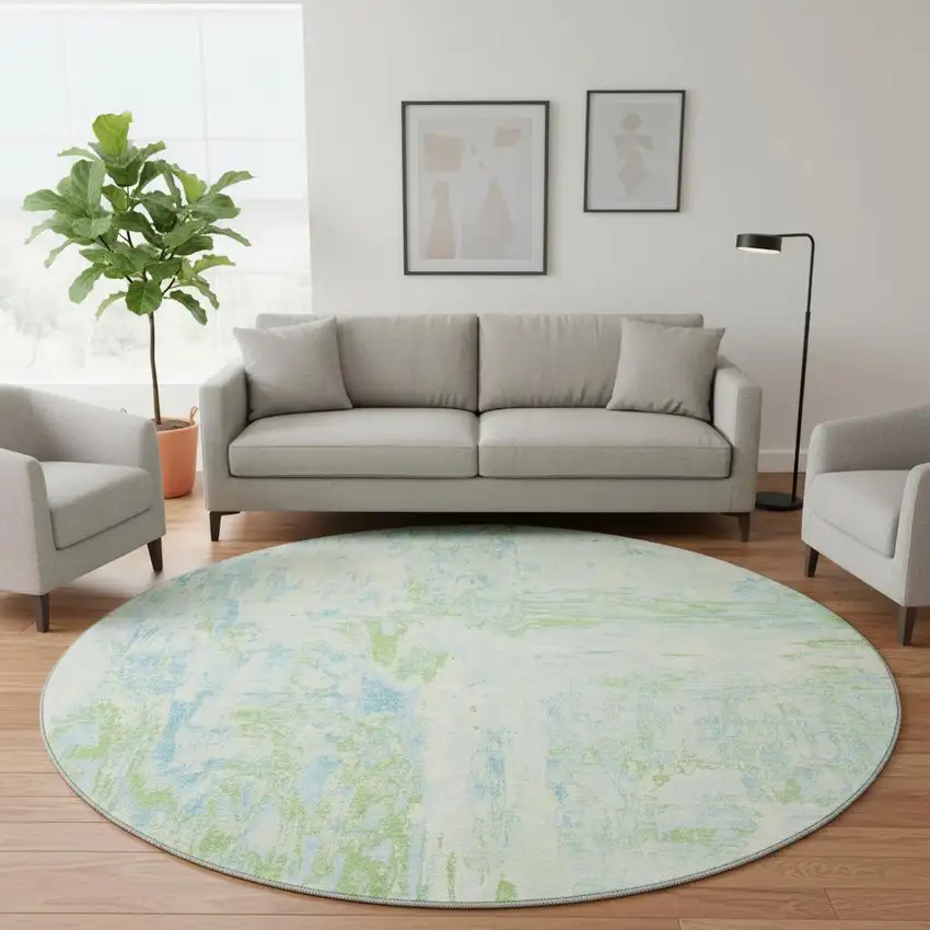 8' X 8' Mint Green And Blue Abstract Washable Round Rug With UV Protection Photo 2