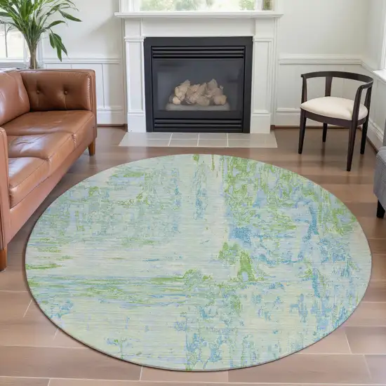 8' X 8' Mint Green And Blue Abstract Washable Round Rug With UV Protection Photo 4