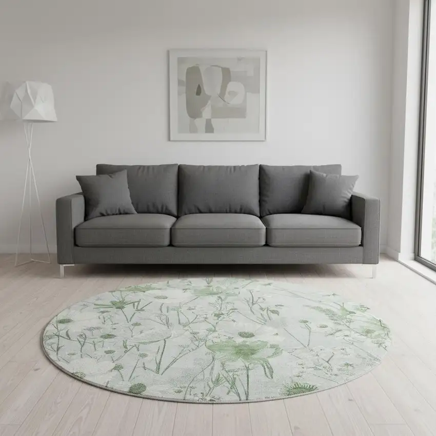 8' X 8' Mint Green And Ivory Floral Washable Round Rug With UV Protection Photo 2