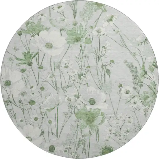 8' X 8' Mint Green And Ivory Floral Washable Round Rug With UV Protection Photo 1