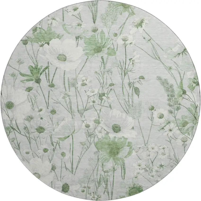 8' X 8' Mint Green And Ivory Floral Washable Round Rug With UV Protection Photo 1