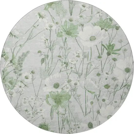 8' X 8' Mint Green And Ivory Floral Washable Round Rug With UV Protection Photo 3