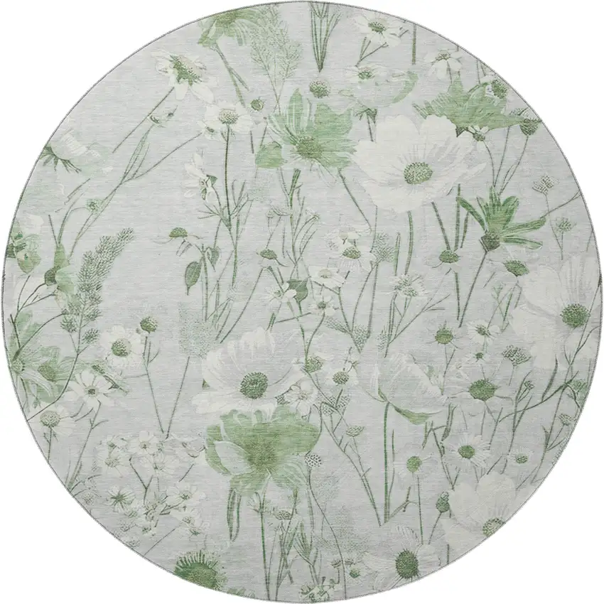 8' X 8' Mint Green And Ivory Floral Washable Round Rug With UV Protection Photo 3