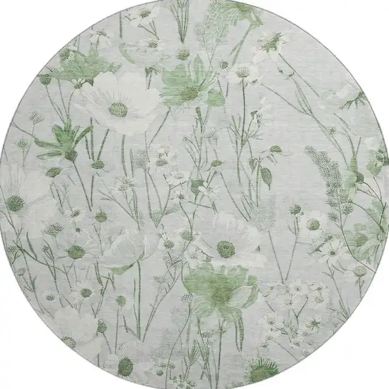 8' X 8' Mint Green And Ivory Floral Washable Round Rug With UV Protection Photo 2