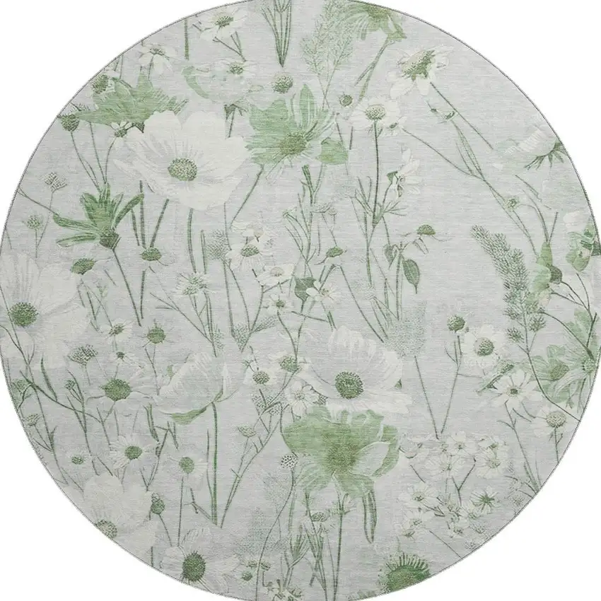 8' X 8' Mint Green And Ivory Floral Washable Round Rug With UV Protection Photo 2