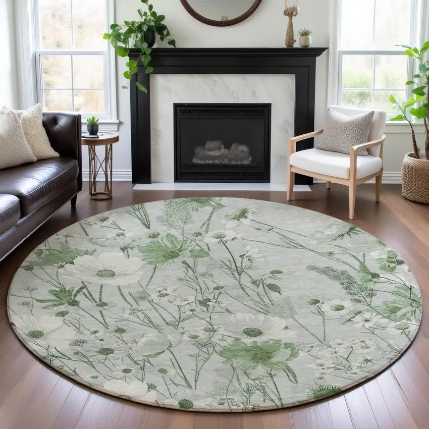 8' X 8' Mint Green And Ivory Floral Washable Round Rug With UV Protection Photo 4
