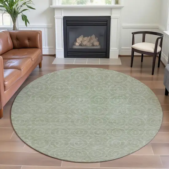 8' X 8' Mint Green And Ivory Geometric Washable Round Rug With UV Protection Photo 4