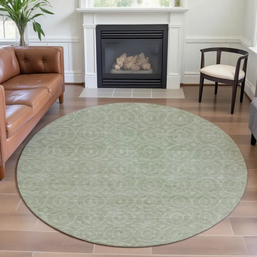 8' X 8' Mint Green And Ivory Geometric Washable Round Rug With UV Protection Photo 4