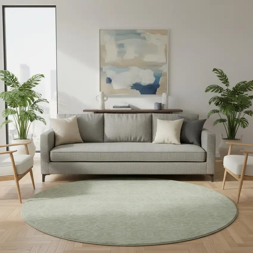 8' X 8' Mint Green And Ivory Geometric Washable Round Rug With UV Protection Photo 2